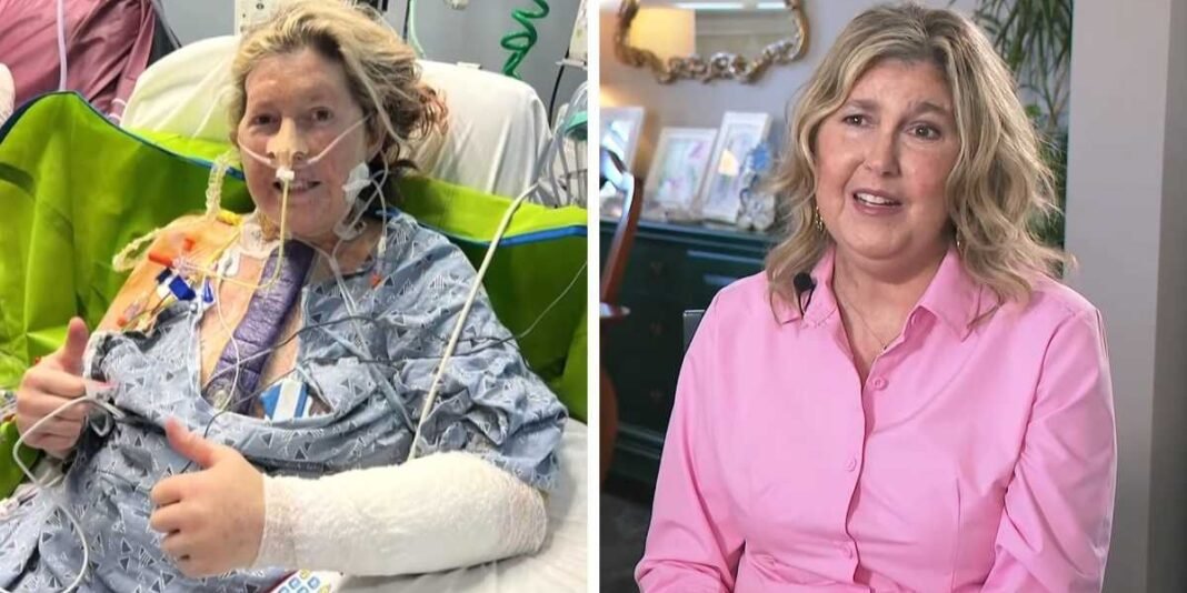 Mulher sorri abraçando a família após procedimento médico revolucionário.