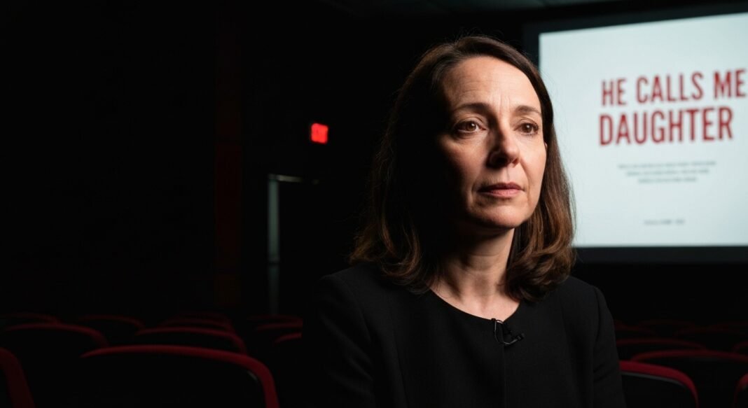 Mulher em sala de cinema refletindo sobre temas de cura e paternidade.