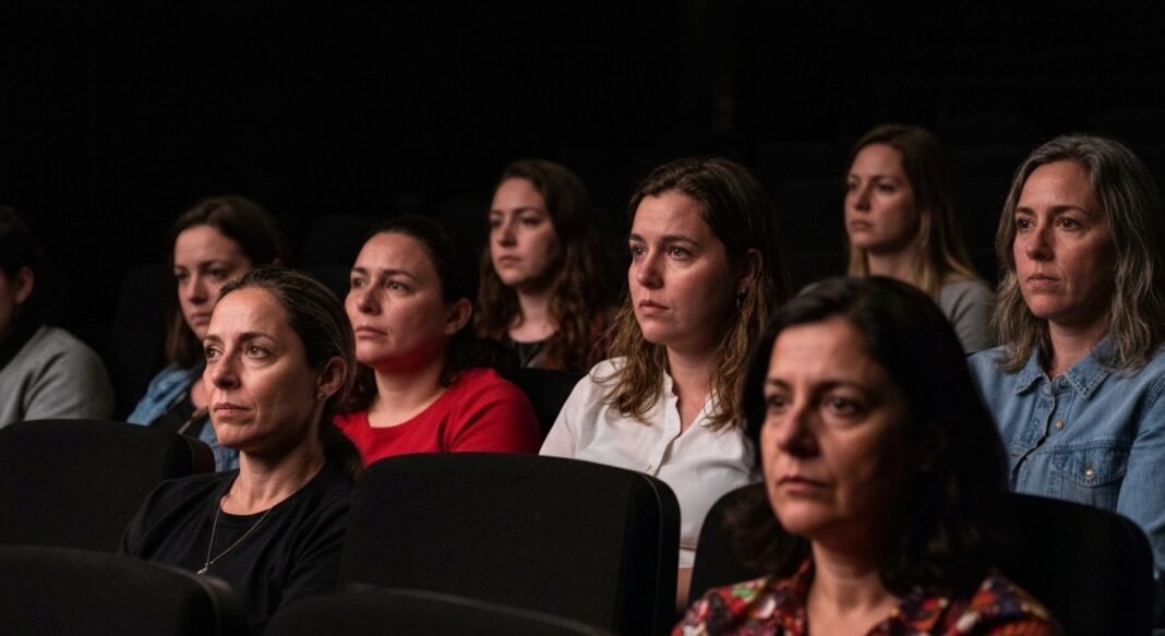 Mulheres assistindo a um filme sobre cura emocional no cinema.