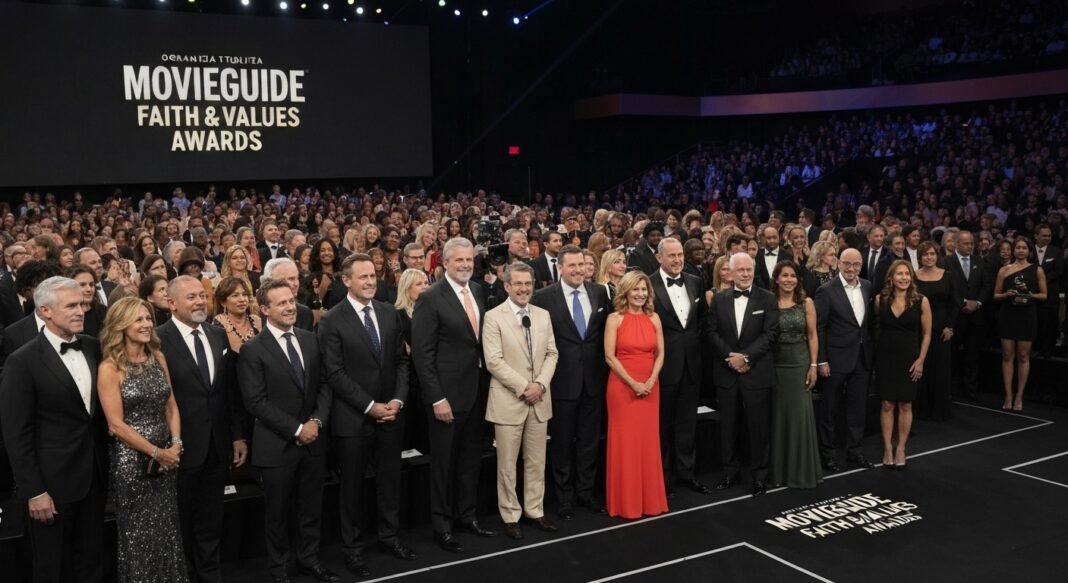 Palco da cerimônia Movieguide Faith & Values Awards em Hollywood, com iluminação focada e logo do evento.