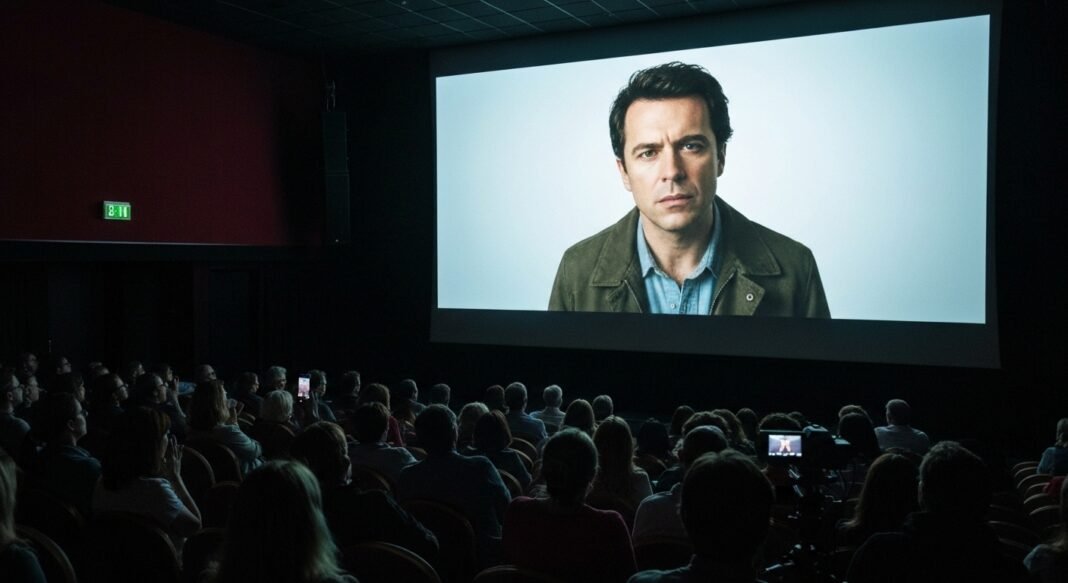 Espectadores assistindo a cena épica de 'Os Dez Mandamentos' em tela de cinema restaurada em 4K.