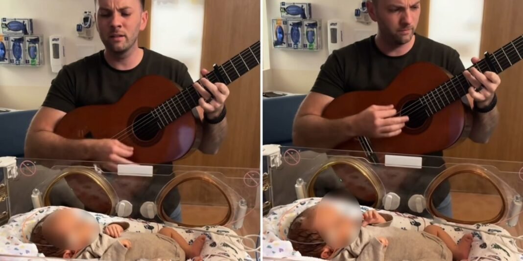 Pai tocando violão para bebê recém-nascido na UTI neonatal