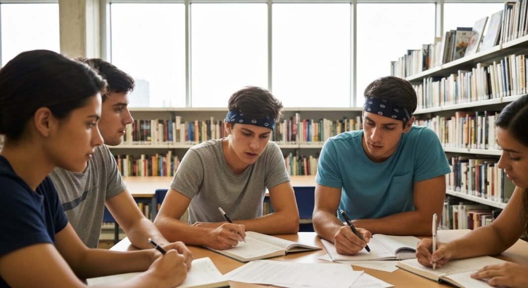 Estudantes diversificados estudando juntos em uma biblioteca escolar, com um deles sorrindo e apontando para um livro.