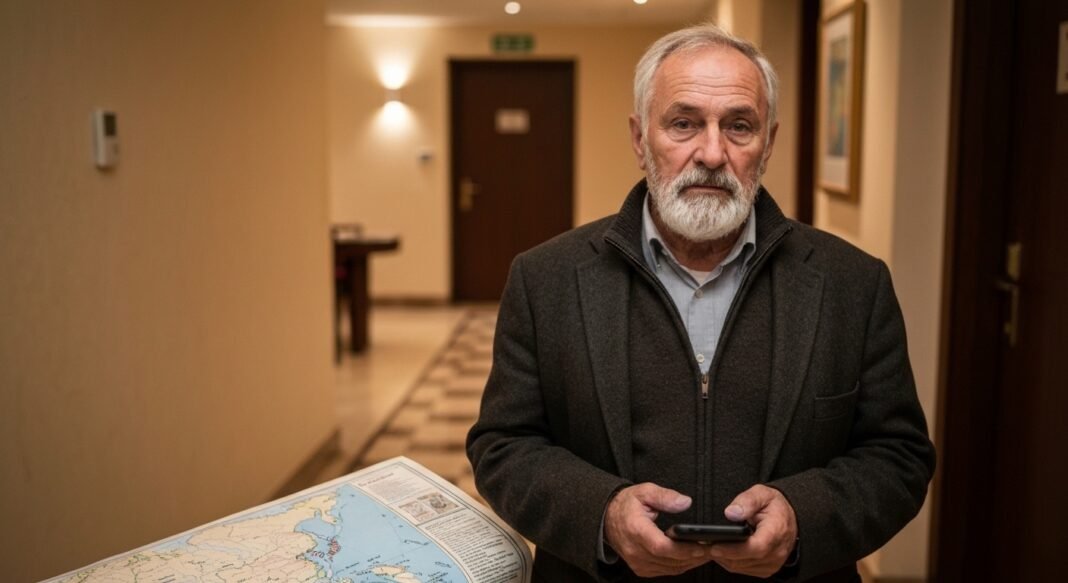 Pastor afro-americano em hotel no Oriente Médio com celular na mão, demonstrando preocupação e fé durante crise de guerra.