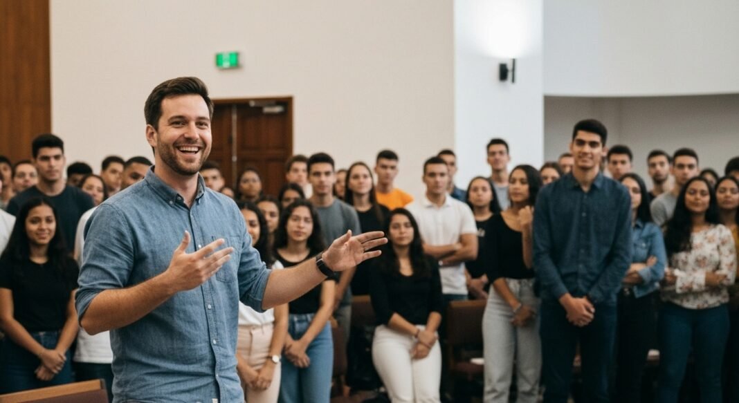 Pastor sorridente fala para jovens adultos em uma igreja moderna