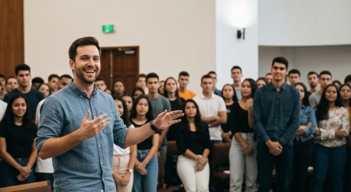 Pastor sorridente fala para jovens adultos em uma igreja moderna