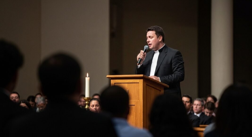 Pastor Lucas Miles falando com expressão séria e ponderada.