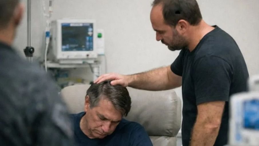 Ex-presidente Jair Bolsonaro em leito de hospital recebendo cuidados médicos