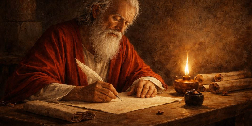 Livro antigo da Bíblia aberto com iluminação suave.