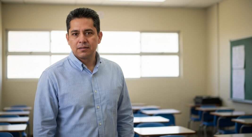 Professor cristão em sala de aula, defendendo suas convicções religiosas.
