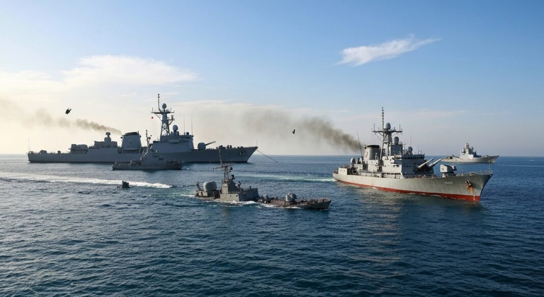 Navio de guerra iraniano destruído no Golfo Pérsico após ataques de EUA e Israel.