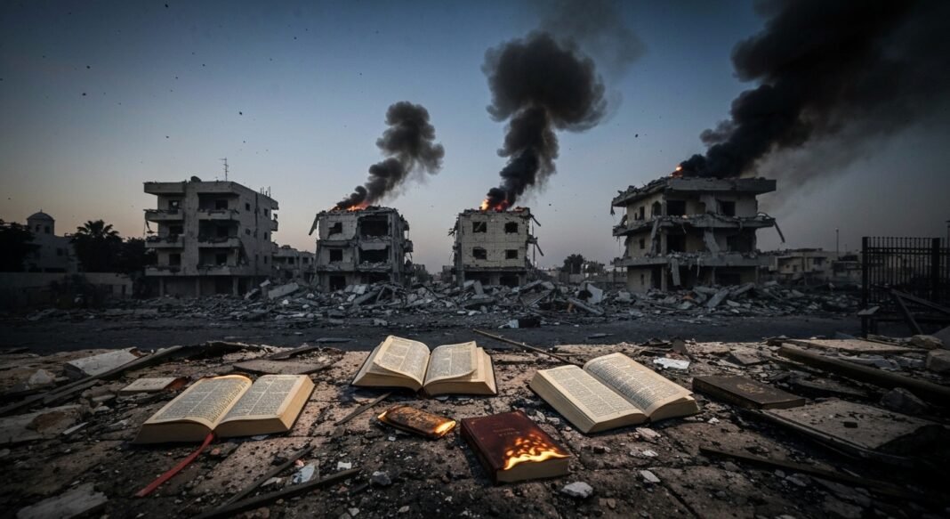 Destroços de sinagoga em Beit Shemesh, Israel, após ataque, com livros de oração queimados e detritos espalhados.