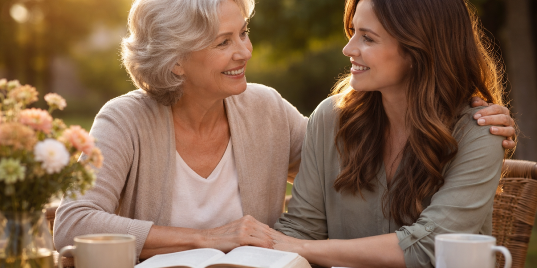 Mulher mais velha ensina e orienta uma mulher mais jovem em um ambiente acolhedor.