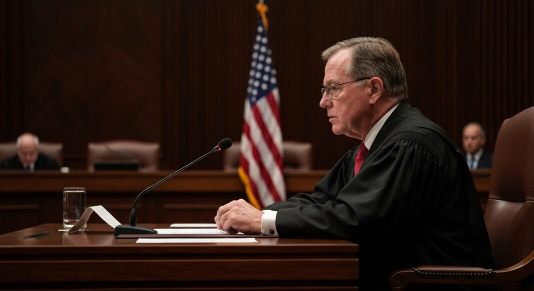 Sala de audiência da Suprema Corte dos Estados Unidos com martelo de juiz em destaque.