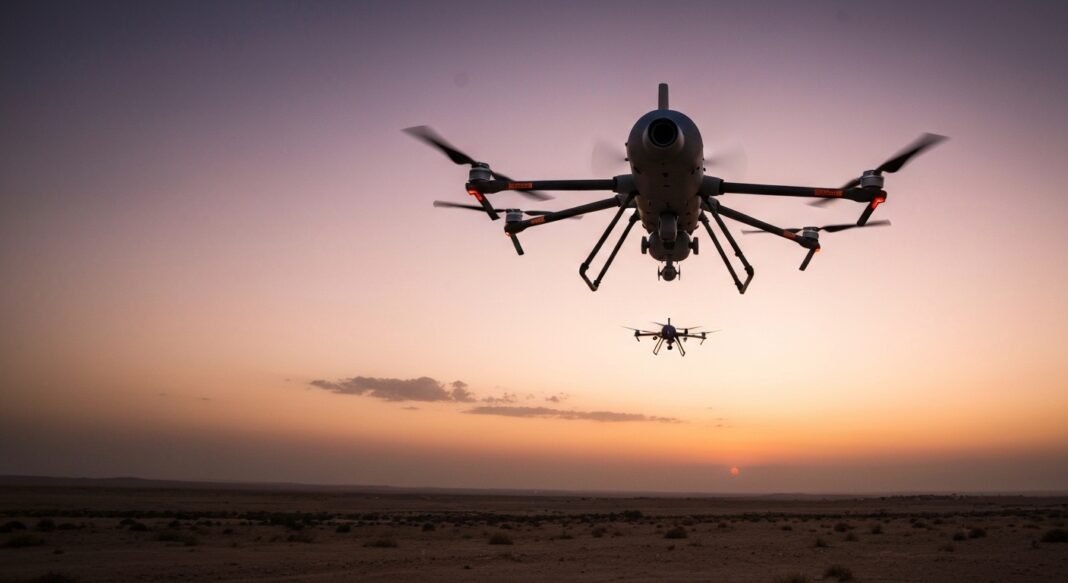 Drone militar americano sobrevoando deserto no Oriente Médio ao entardecer.