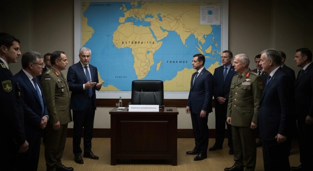 Mapa militar mostrando o Estreito de Hormuz com tensões geopolíticas