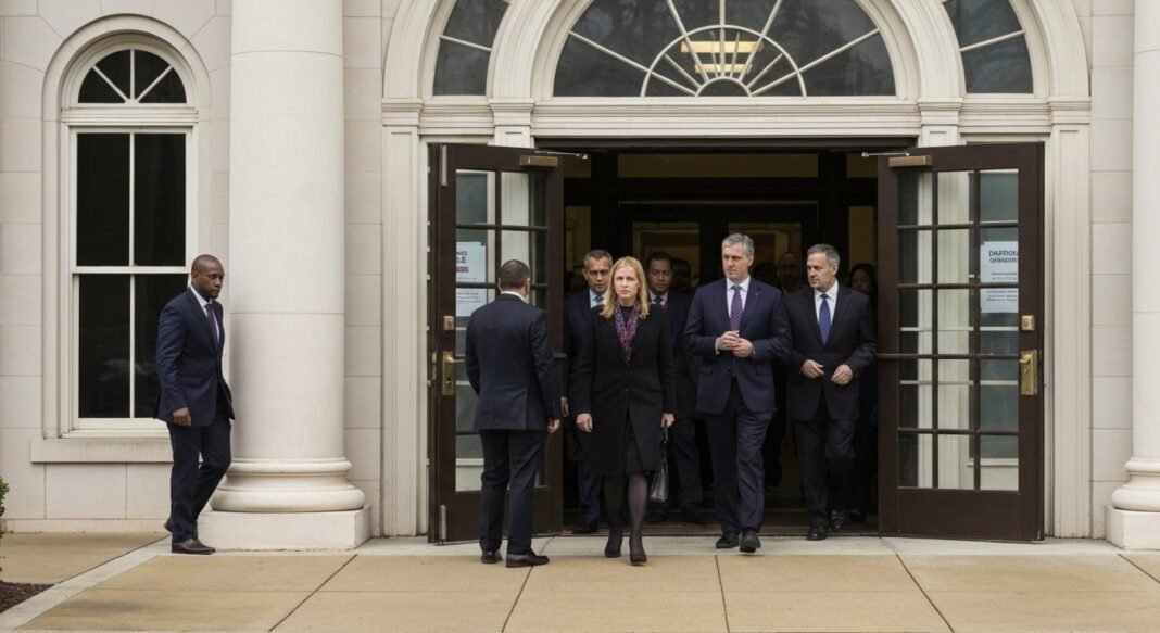 Centro de votação na Virgínia com eleitores entrando para votar em referendo sobre redesenho de distritos congressionais.