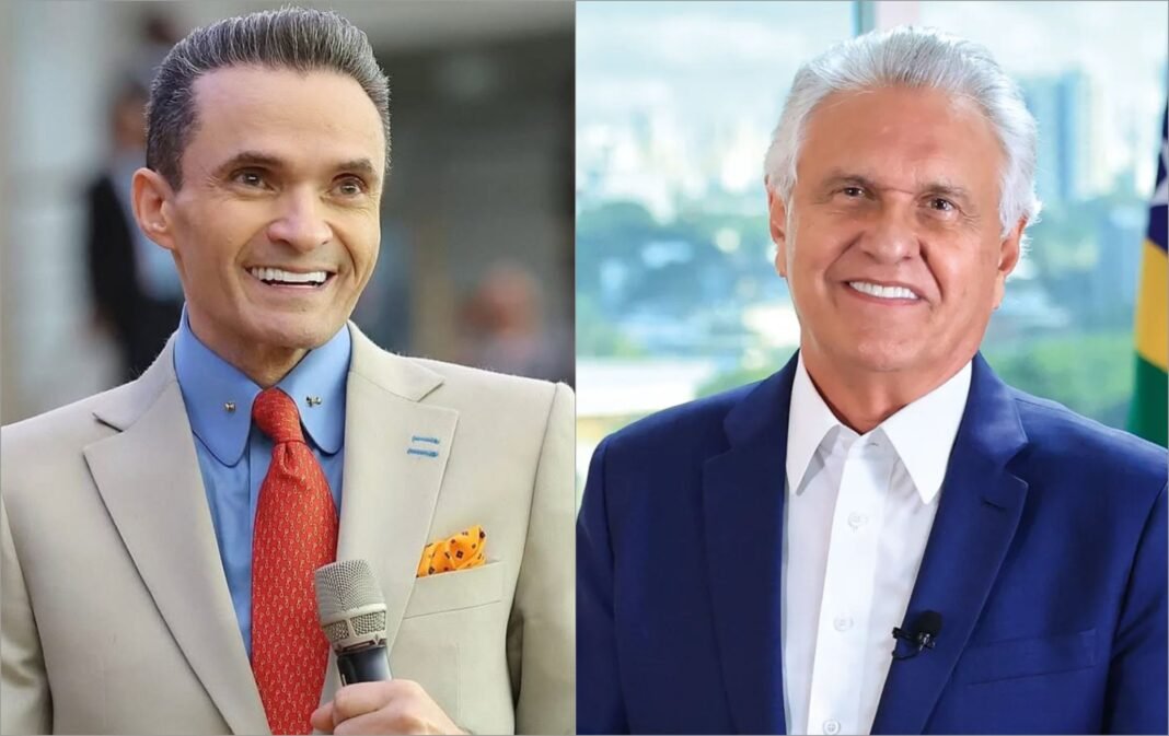 Bispo Samuel Ferreira discursando em evento político anunciando apoio a Ronaldo Caiado