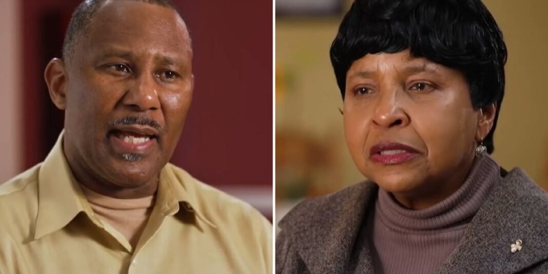 Casal cristão sorrindo e de mãos dadas em frente a uma igreja, simbolizando recuperação e fé após acidente.