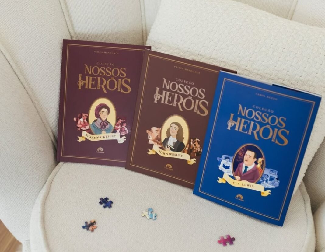 Coleção de livros infantis com destaque para obra sobre C. S. Lewis e Nárnia em uma estante.