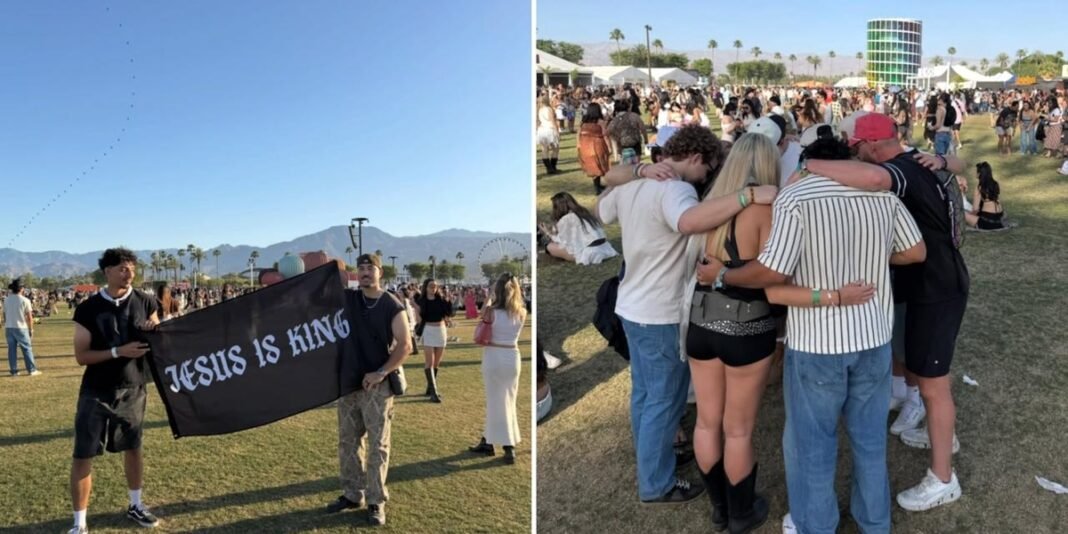 Evangelistas compartilham mensagens de fé com participantes no festival Coachella.