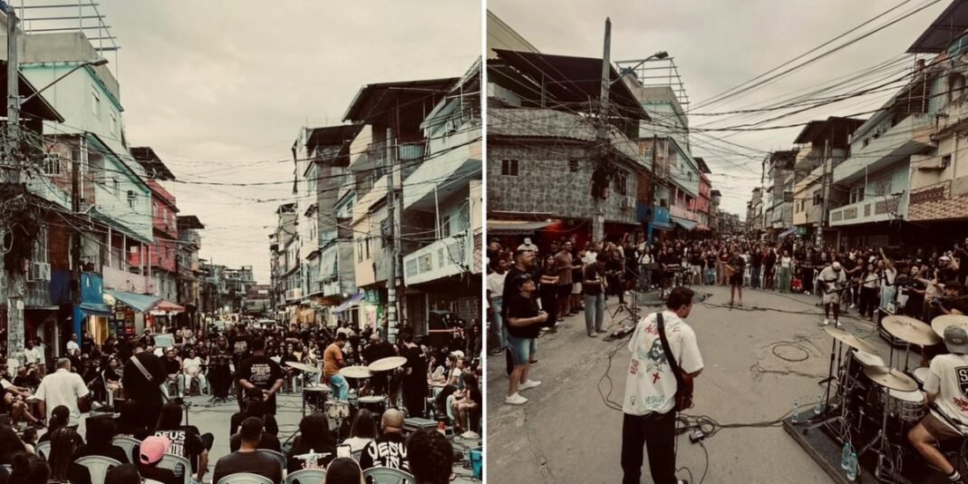 Voluntários cristãos evangelizando e oferecendo apoio social em uma comunidade do Rio de Janeiro.