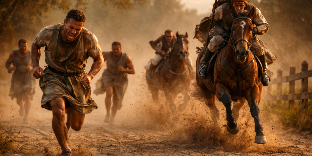 Pessoa correndo com determinação em paisagem desafiadora e cavalos ao fundo, simbolizando resiliência.