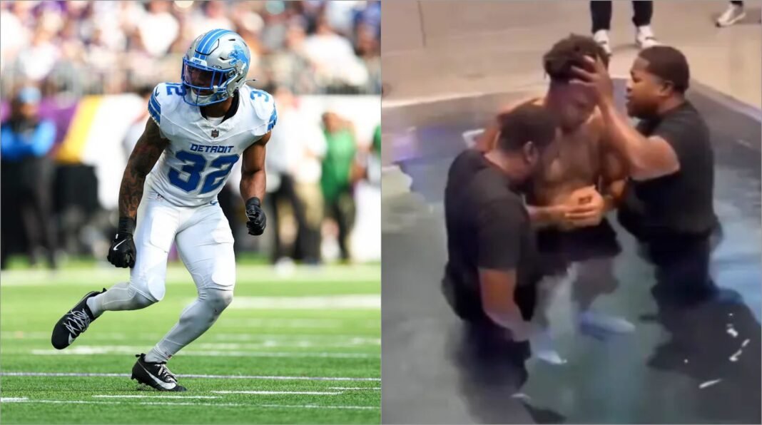 Brian Branch sendo batizado, simbolizando sua declaração pública de fé cristã.