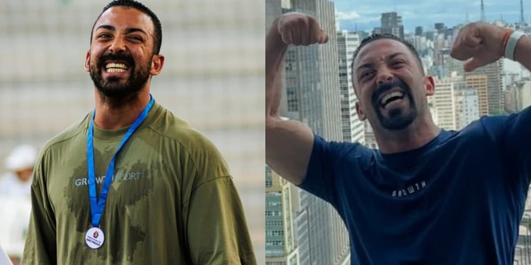 Fisiculturista com paralisia cerebral sorri confiante após treino em academia