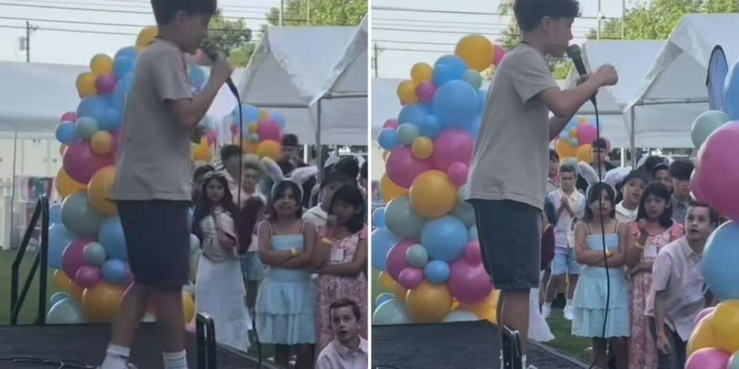 Menino de 11 anos pregando o Evangelho para uma grande audiência de crianças.