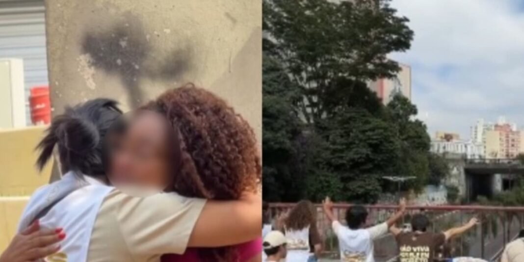 Evangelistas orando em ponte em São Paulo para impedir suicídio de jovem enlutada.