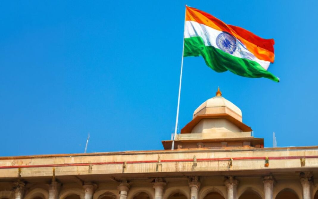 Prédio de igreja na Índia com placa de aviso legal.