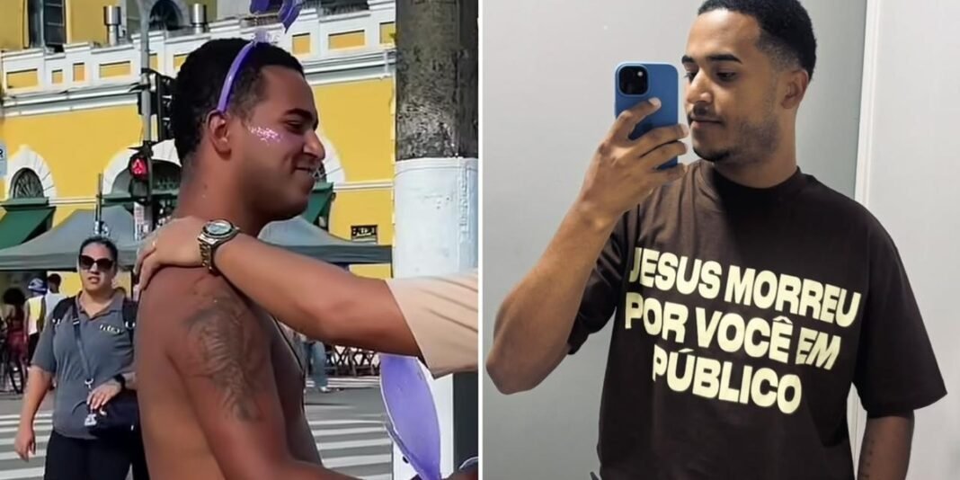 Jovem sorridente compartilha seu testemunho em um ambiente público