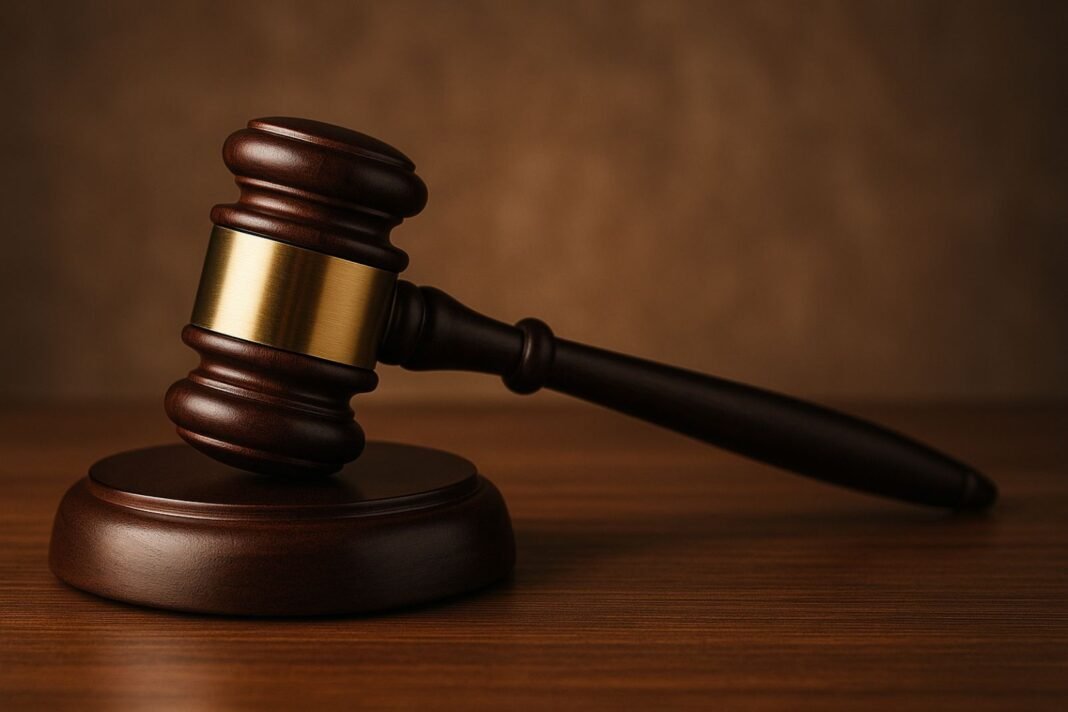 Fachada de um prédio da justiça ou sala de audiências com iluminação formal