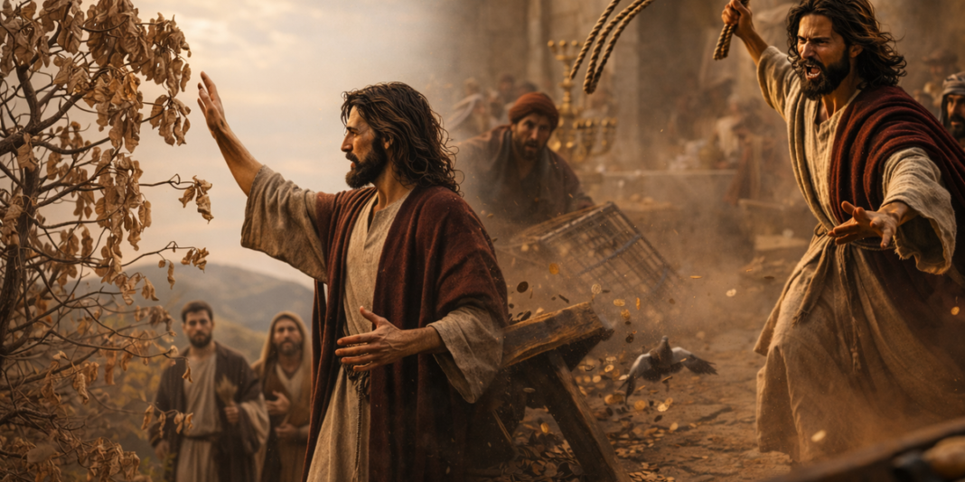 Jesus derrubando mesas de cambistas no Templo de Jerusalém, simbolizando a purificação e juízo.