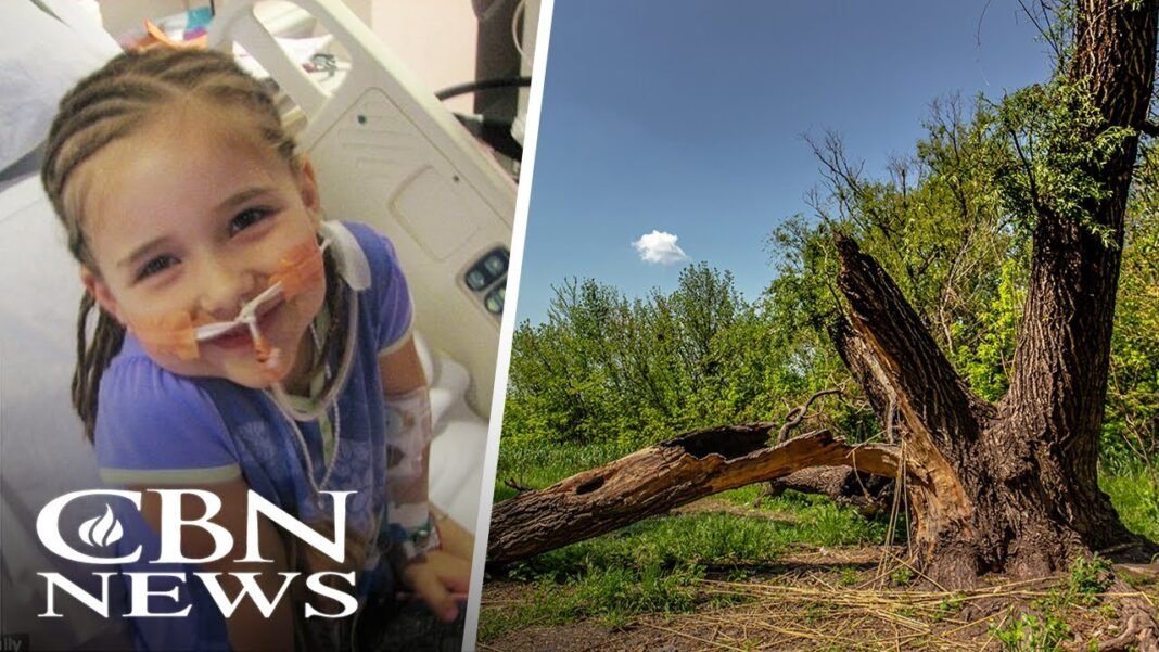 Menina com olhar esperançoso para o céu, evocando uma sensação de milagre e fé após recuperação.