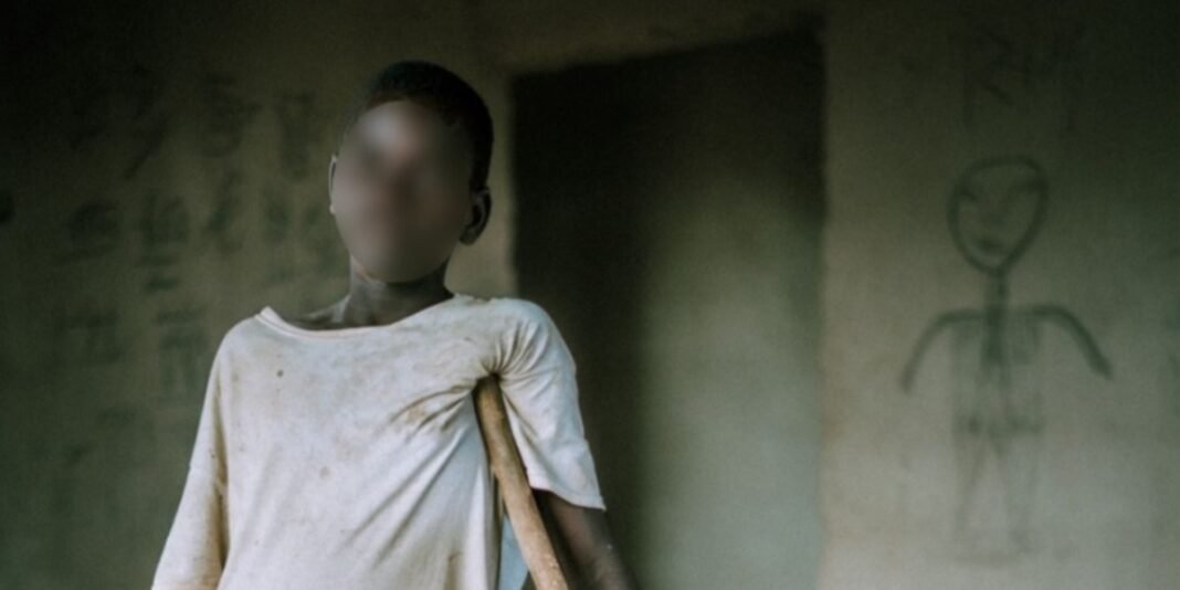 Menino nigeriano Androwas em frente a casa inacabada, mostrando resiliência após perseguição religiosa