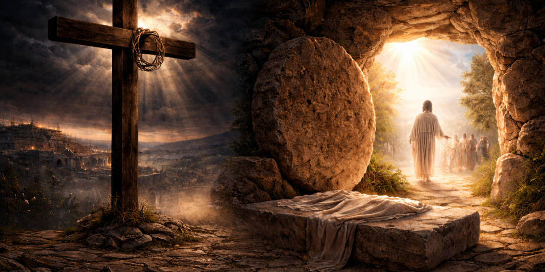 Família reunida à mesa em celebração de Páscoa, com símbolos da ressurreição ao fundo.