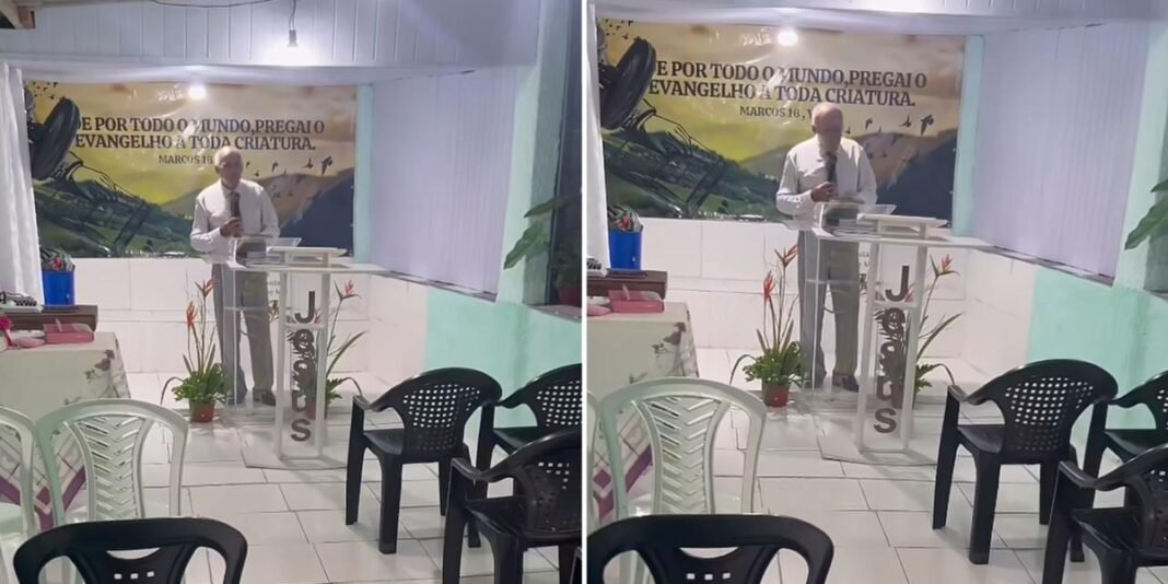 Pastor pregando em igreja vazia no Rio de Janeiro, com familiares presentes