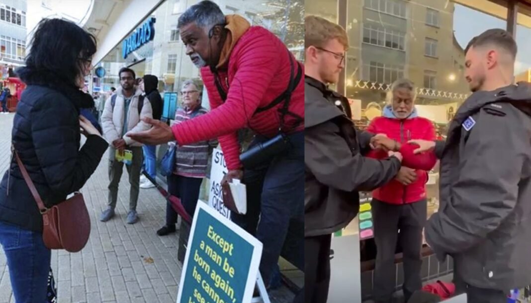 Pastor cristão no Reino Unido em frente a uma delegacia