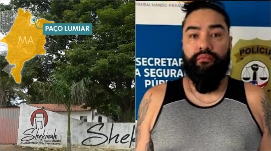 Fachada de igreja em Paço do Lumiar com cordão de isolamento policial.