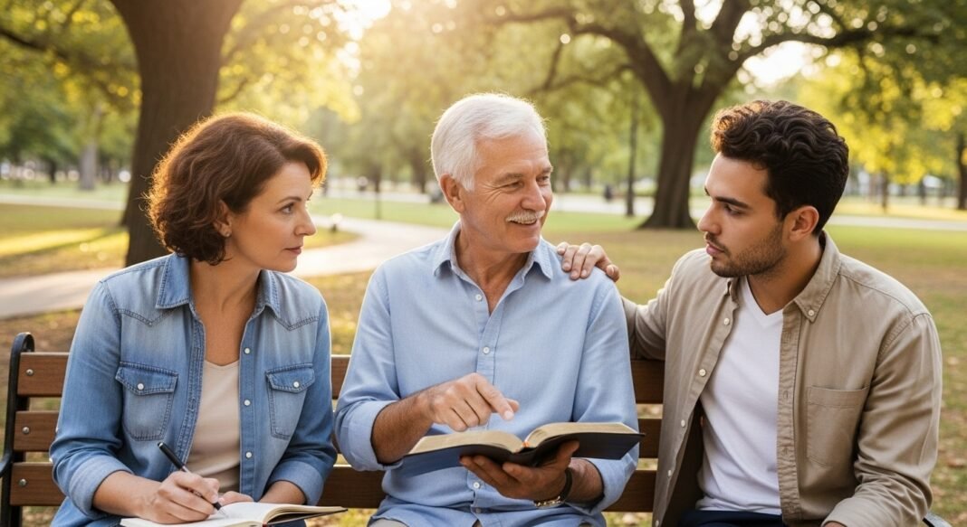 Mulher mais velha ensinando e apoiando uma mulher mais jovem em ambiente de igreja.