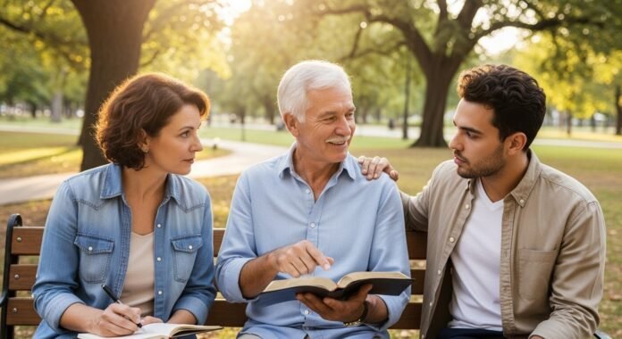 Mulher mais velha ensinando e apoiando uma mulher mais jovem em ambiente de igreja.