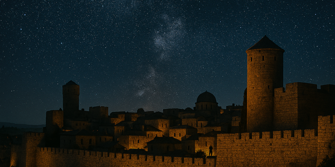 Arquiteto e soldado observando a cidade ao amanhecer, simbolizando construção e segurança sob guarda divina.
