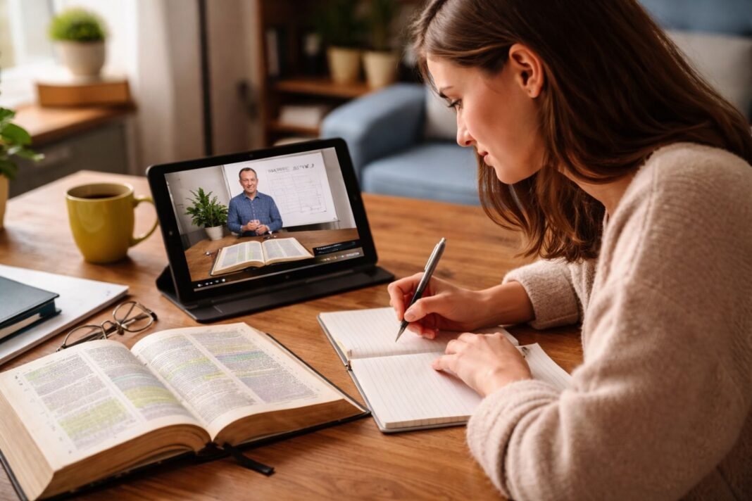 Mulheres estudando o curso 'Elas e a Bíblia' da SBB em ambiente online.