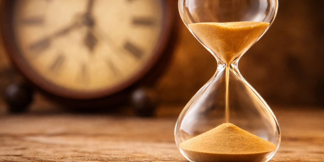 Relógio de areia com pôr do sol ao fundo, simbolizando diferentes dimensões do tempo.