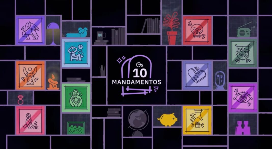 Tablet exibindo a arte da série Os 10 Mandamentos do BibleProject.