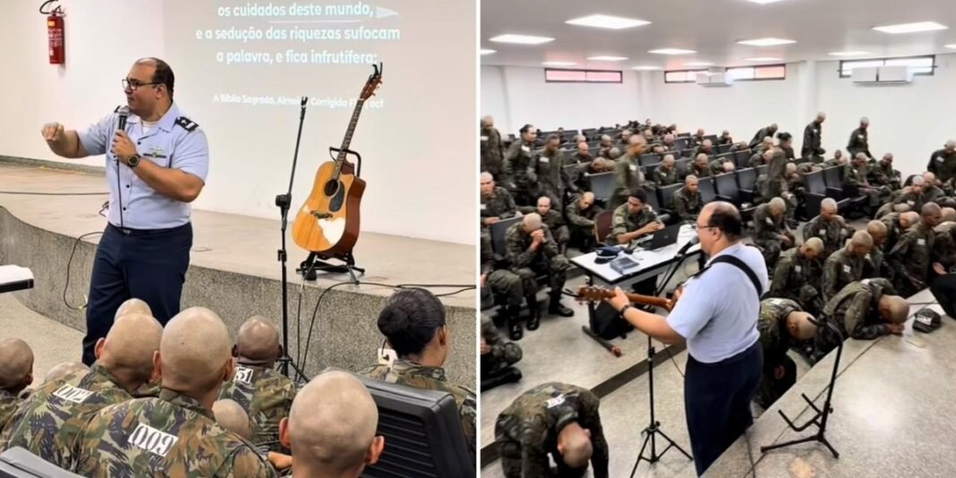 Capelão militar discursa para jovens recrutas da Força Aérea Brasileira em culto