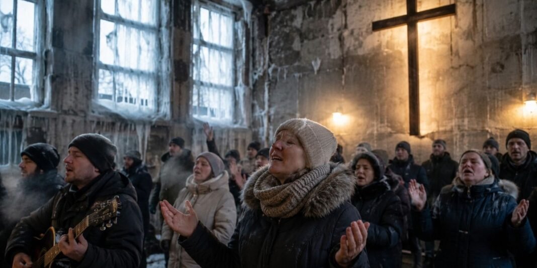Cristãos ucranianos em culto com frio extremo