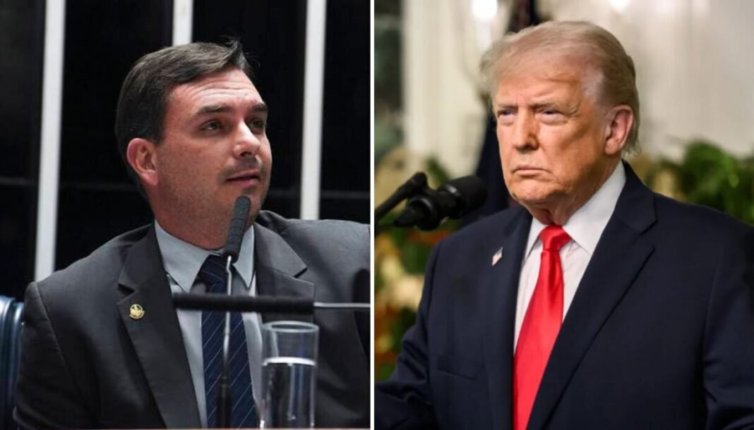 Flávio Bolsonaro cumprimenta Donald Trump na Casa Branca em encontro estratégico.